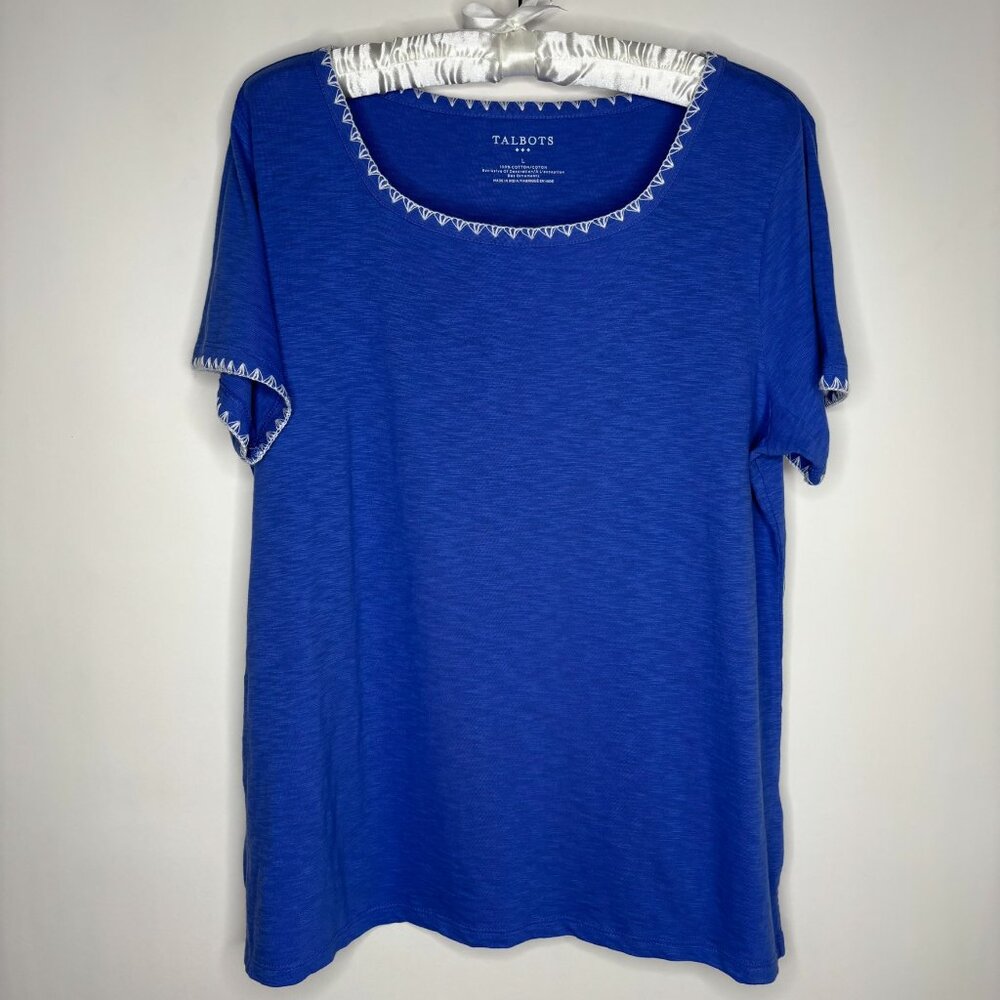 Talbots Periwinkle Blue Top with White Stitching Accent Cotton Women's Large